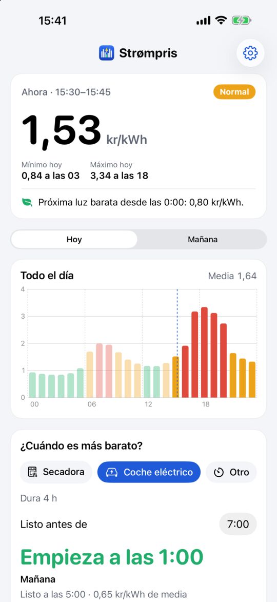Strømpris en iPhone: el precio actual en números grandes y los precios del día en barras de colores