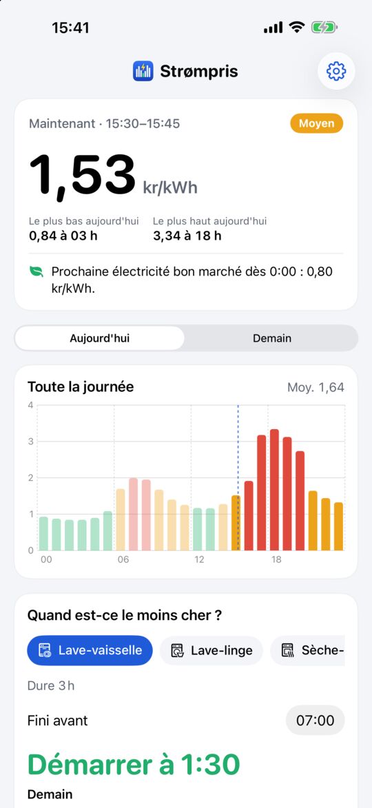 Strømpris sur iPhone : le prix actuel en grands chiffres et les prix du jour en barres colorées